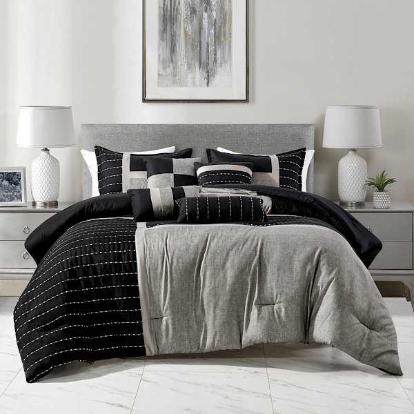 at home 7-Piece Finley Black & Grey Striped Comforter Set King