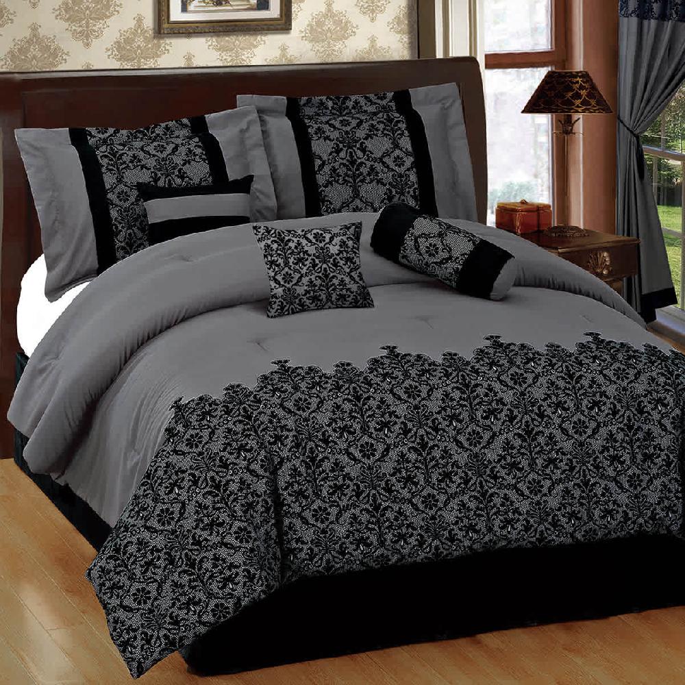 At Home 7-Piece Grey Deluxe Flocked Lace Premium Comforter Set King