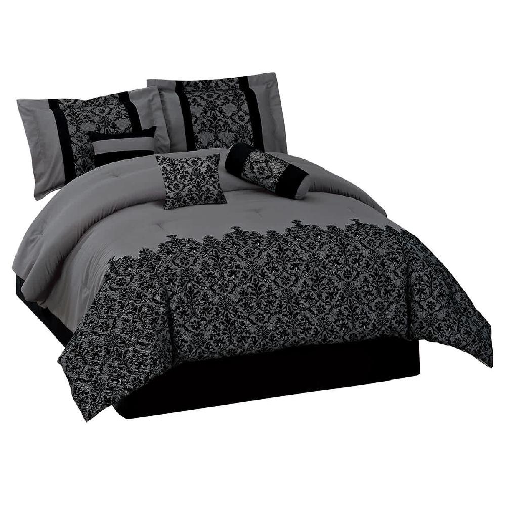 At Home 7-Piece Grey Deluxe Flocked Lace Premium Comforter Set King