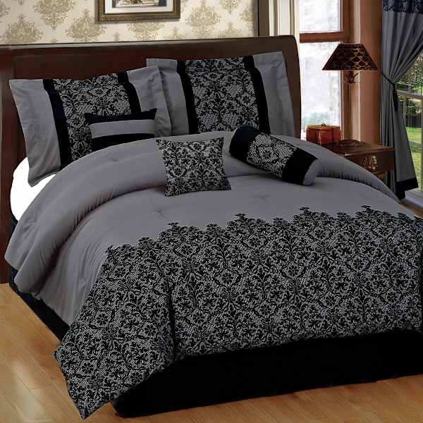 at home 7-Piece Grey Deluxe Flocked Lace Premium Comforter Set King