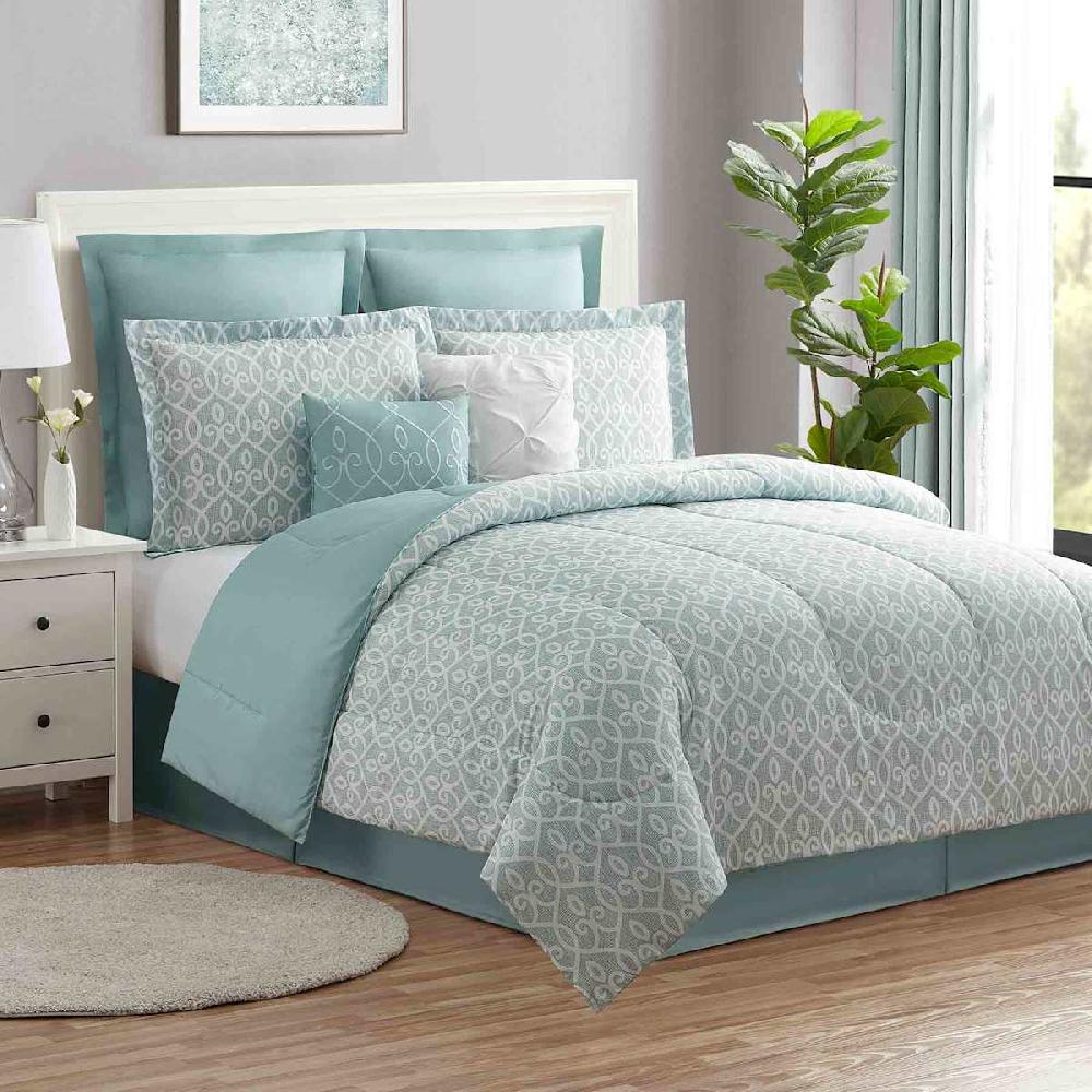 At Home 8-Piece Jenna Aqua Lattice Essential Comforter Set Queen