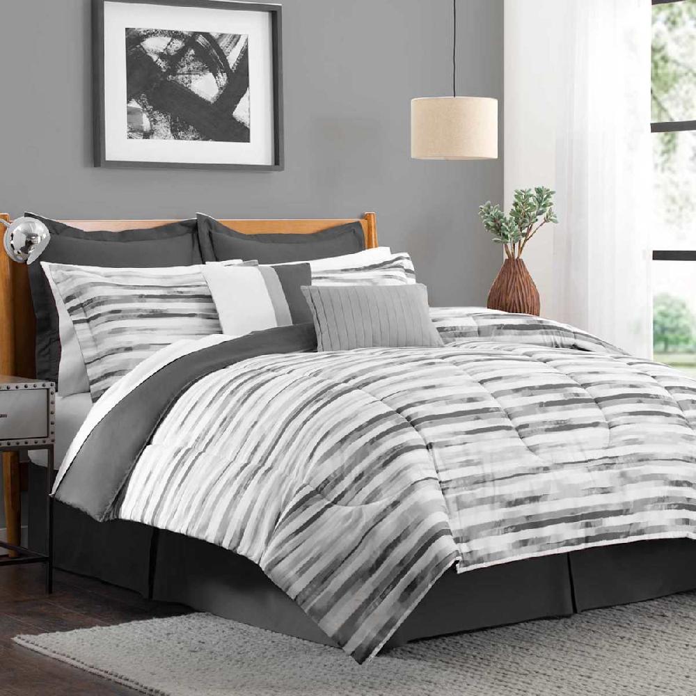 At Home 8-Piece Sophie Grey Striped Essential Comforter Set Queen