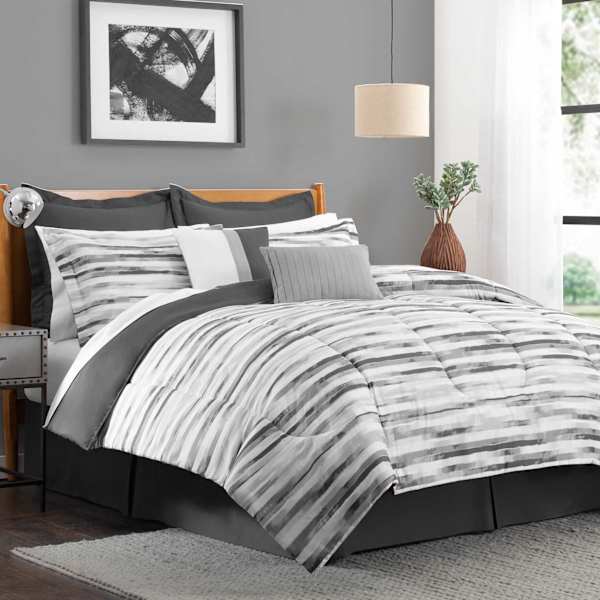 at home 8-Piece Sophie Grey Striped Essential Comforter Set Queen