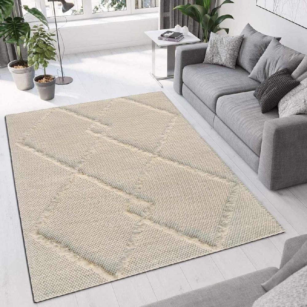At Home (A514) Ivory Diamond Patterned Wool Area Rug 8x10