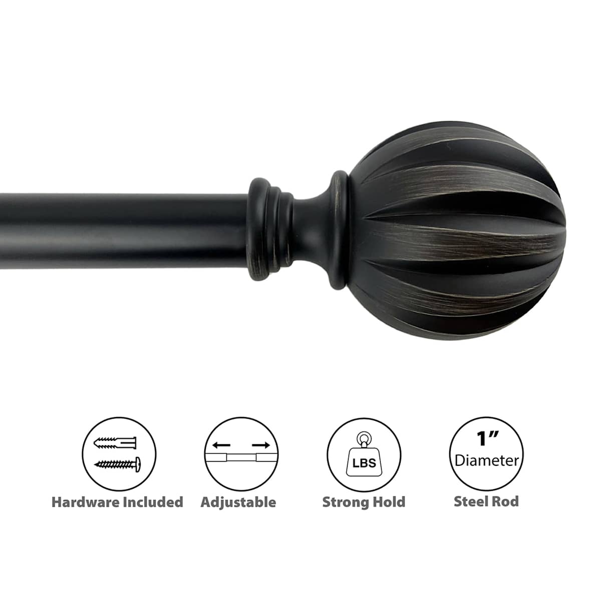 At Home 1" Black Flute Curtain Rod 18-36"