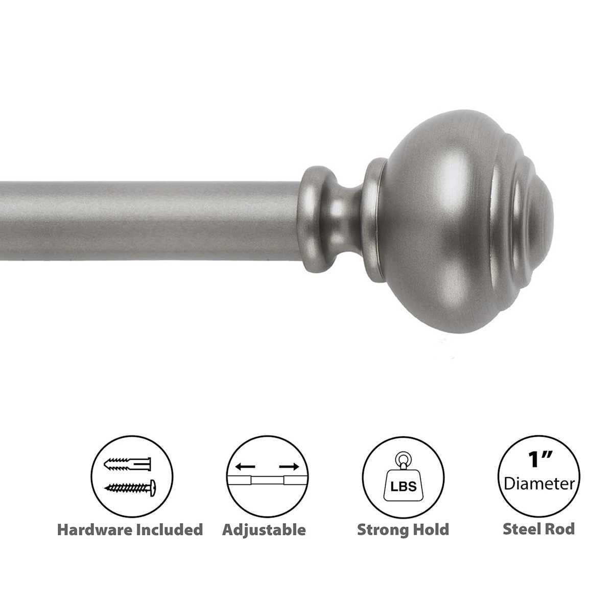 At Home 1" Pewter Knob Curtain Rod 18-36"