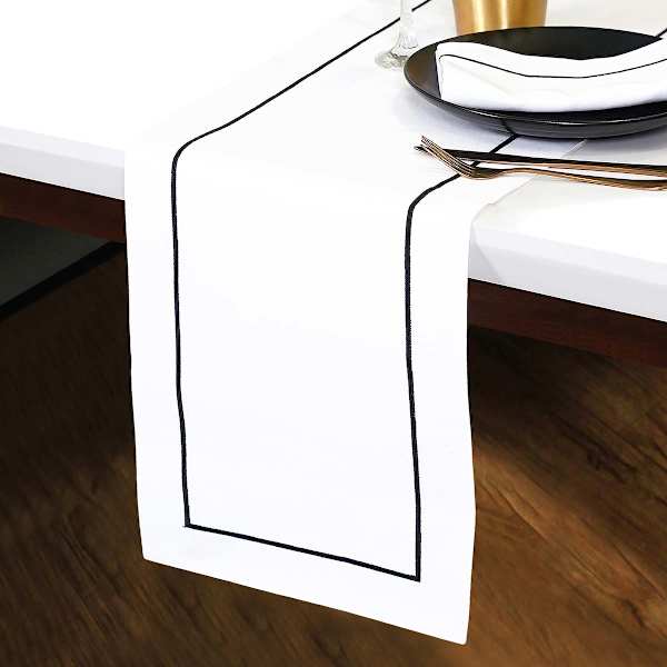 at home Black Embroidered White Table Runner 72x14