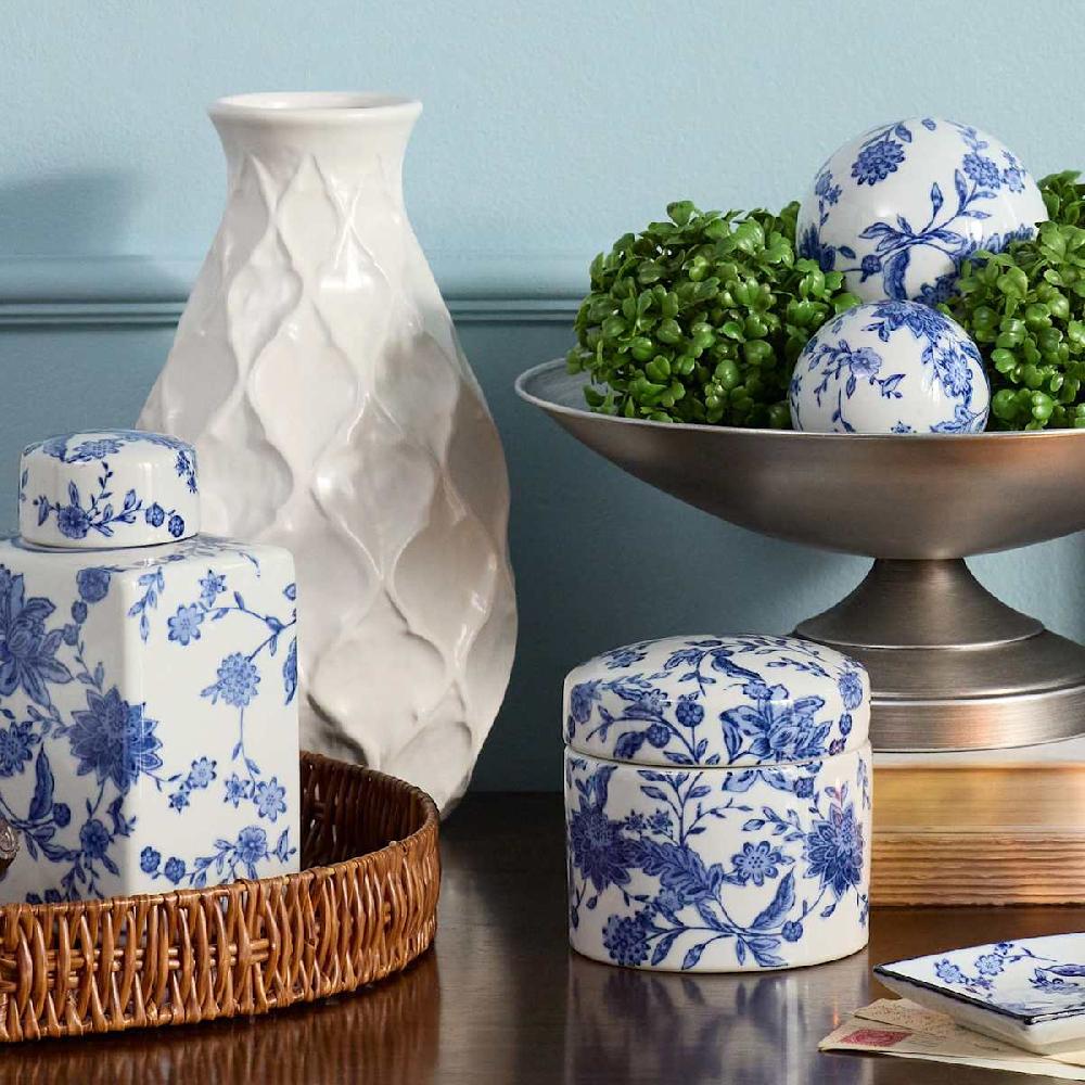 At Home Blue & White Floral Porcelain Box 5"