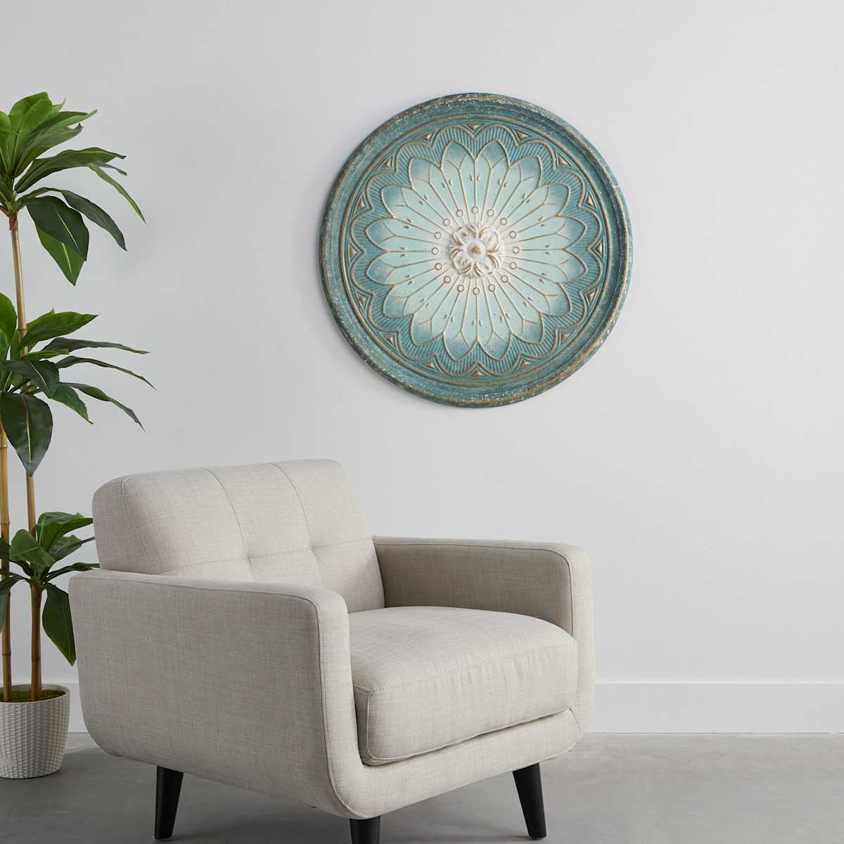 At Home Flower Embossed Round Metal Wall Tray 35"