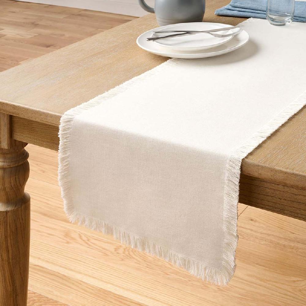 At Home Ivory Zara Table Runner With Fringe 72x14
