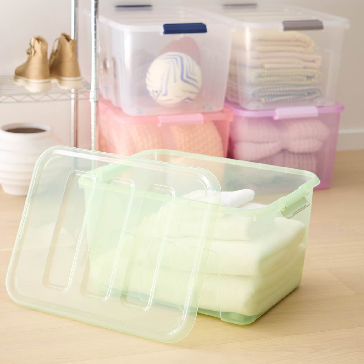 At Home Mint Storage Tote With Latch & Wheels 52l