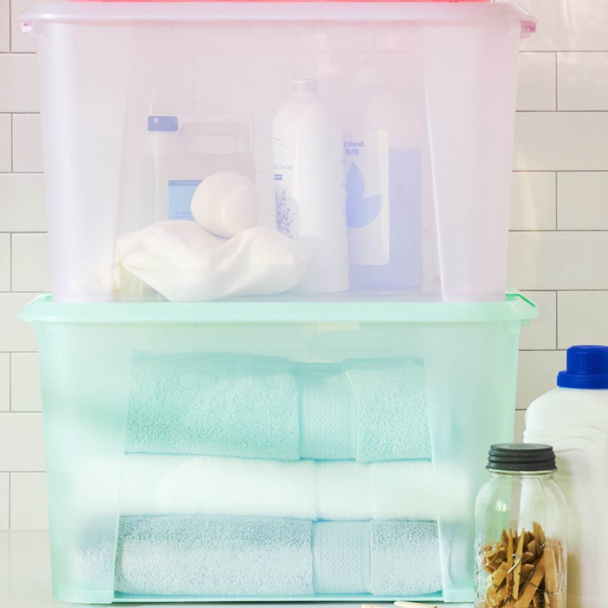 At Home Mint Storage Tote With Latch & Wheels 52l