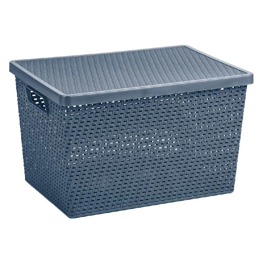 At Home Navy Blue Woven Basket With Lid 20l