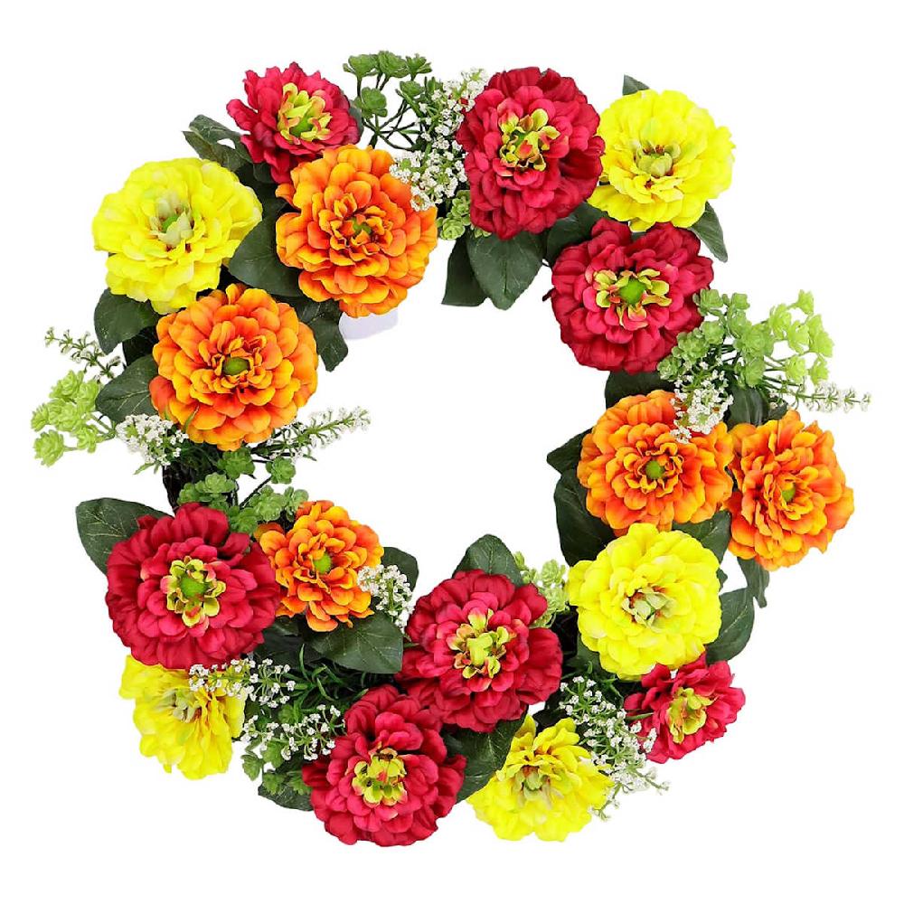 At Home Red Yellow & Orange Zinnia Wreath 22"
