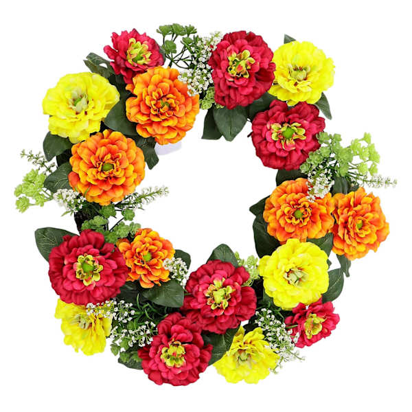 at home Red Yellow & Orange Zinnia Wreath 22"