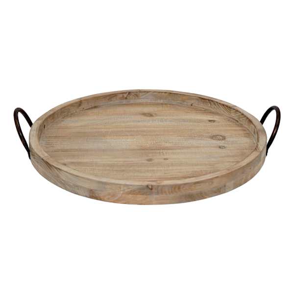 at home Round Wooden Tray with Metal Handles 19.5"