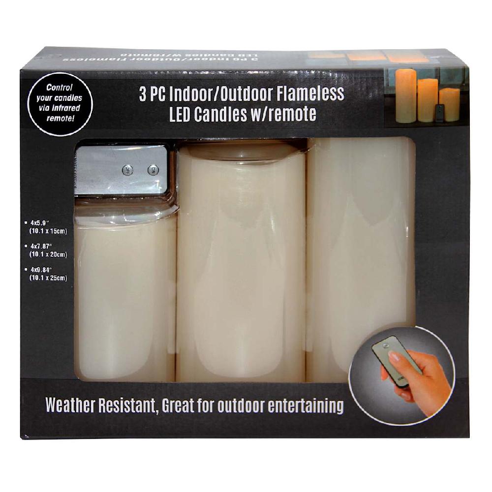 At Home Set Of 3 Ivory LED Pillar Candles 6"/8"/10"