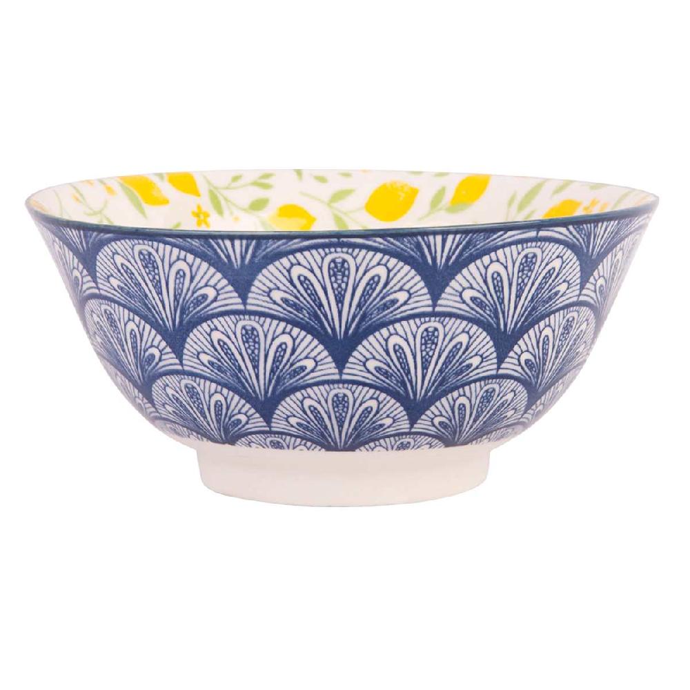 At Home White & Blue Lemon Print Bowl 6"