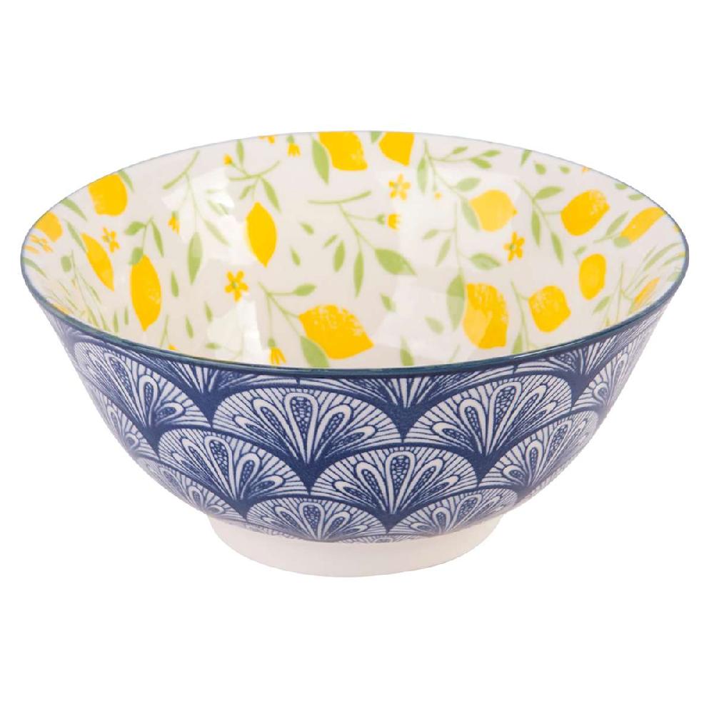 At Home White & Blue Lemon Print Bowl 6"