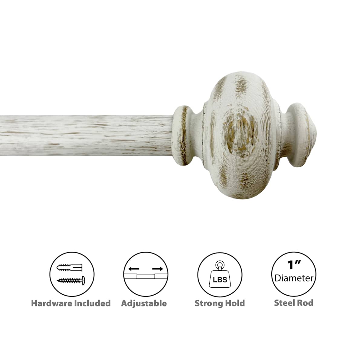 At Home Atlanta 1" White Wood Urn Style Curtain Rod 18-36"