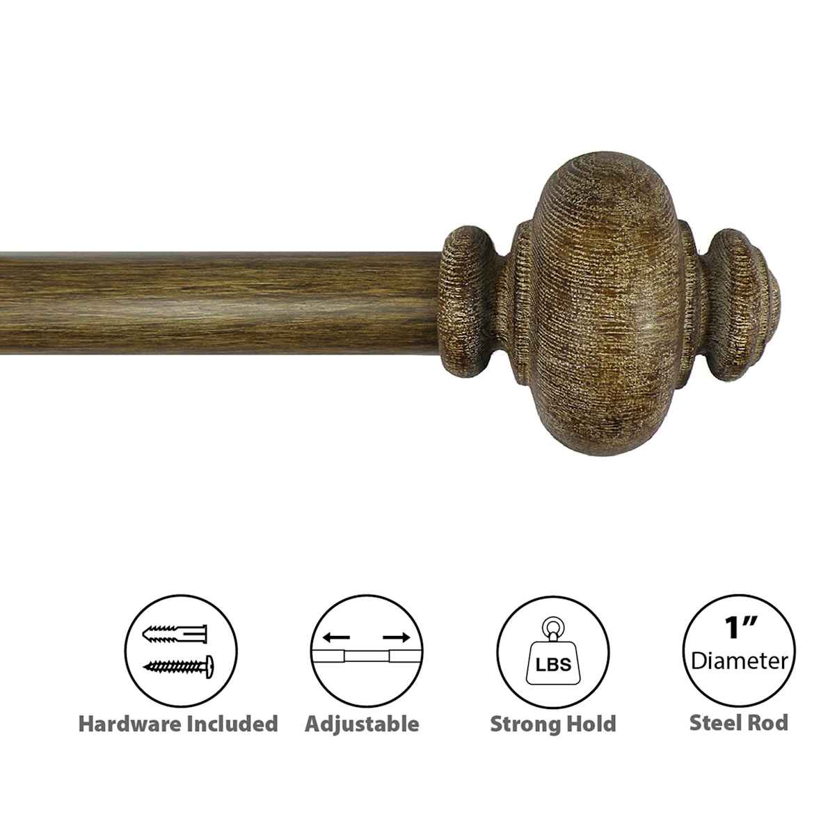 At Home Atlanta 1" Wood Finish Urn Style Curtain Rod 36-72"