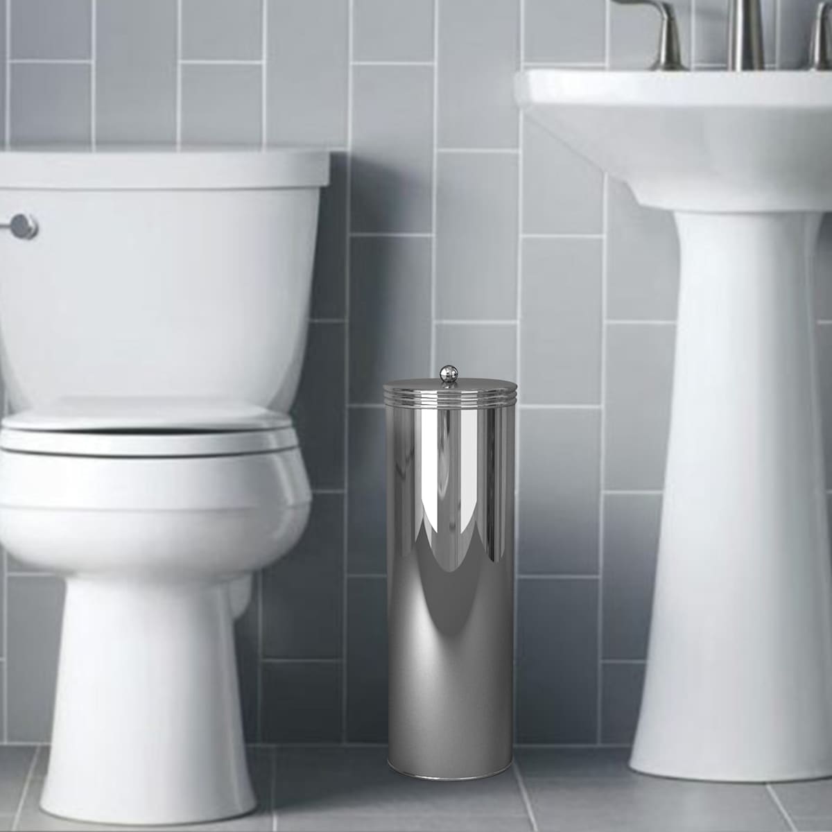 At Home Baldwin Chrome Round Toilet Paper Holder With Lid