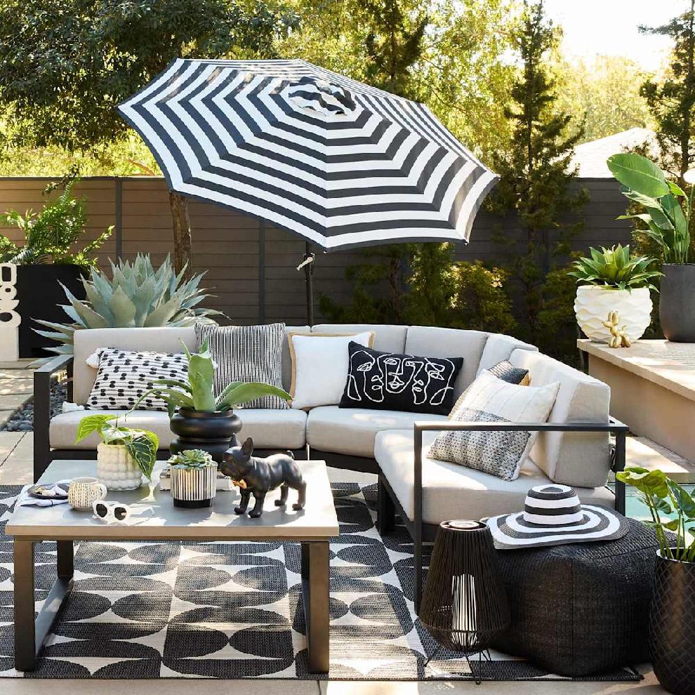 At Home Black Awning Stripe Crank & Tilt Round Patio Umbrella 9'