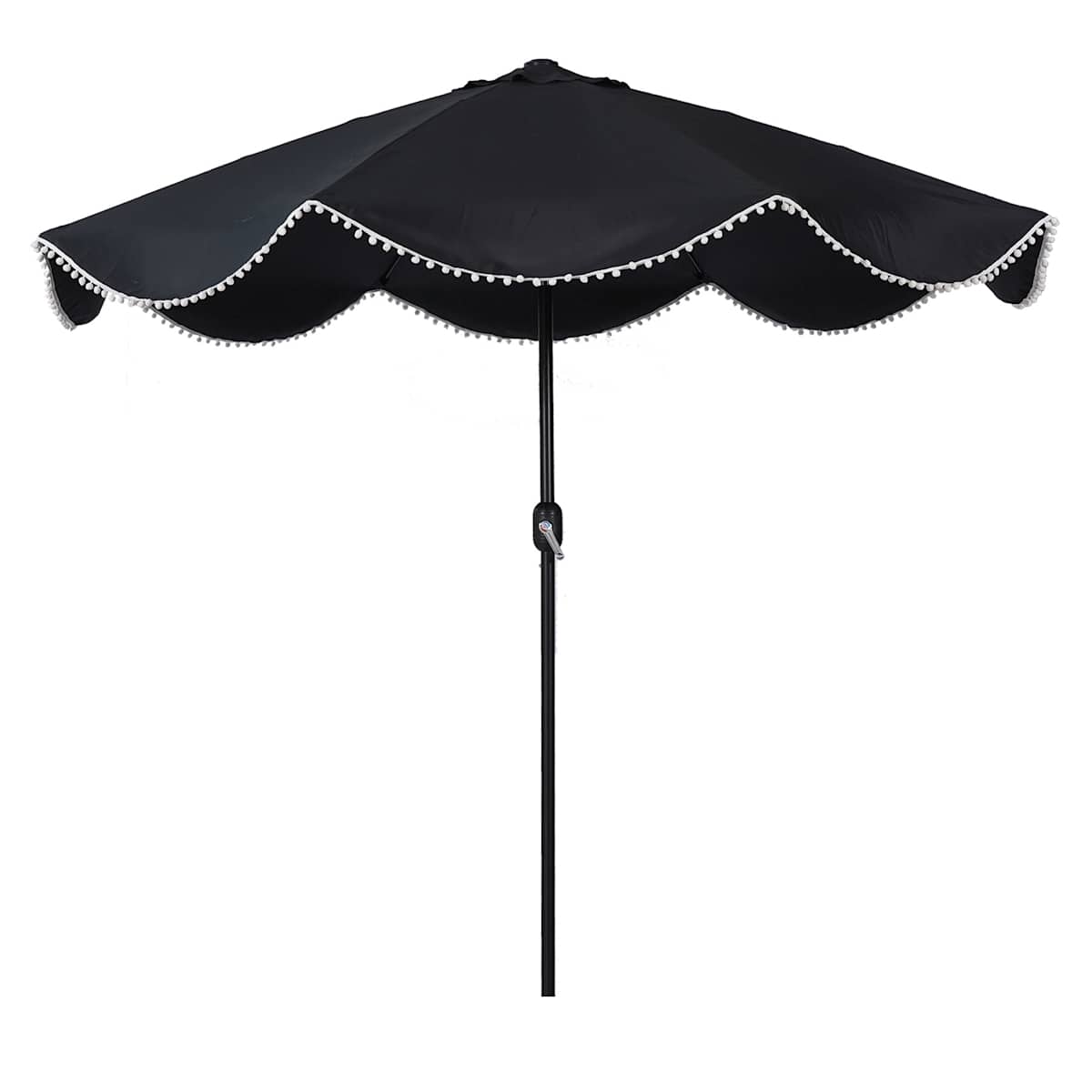 At Home Black Crank & Tilt Round Patio Umbrella With Pom-Pom Fringe 9'
