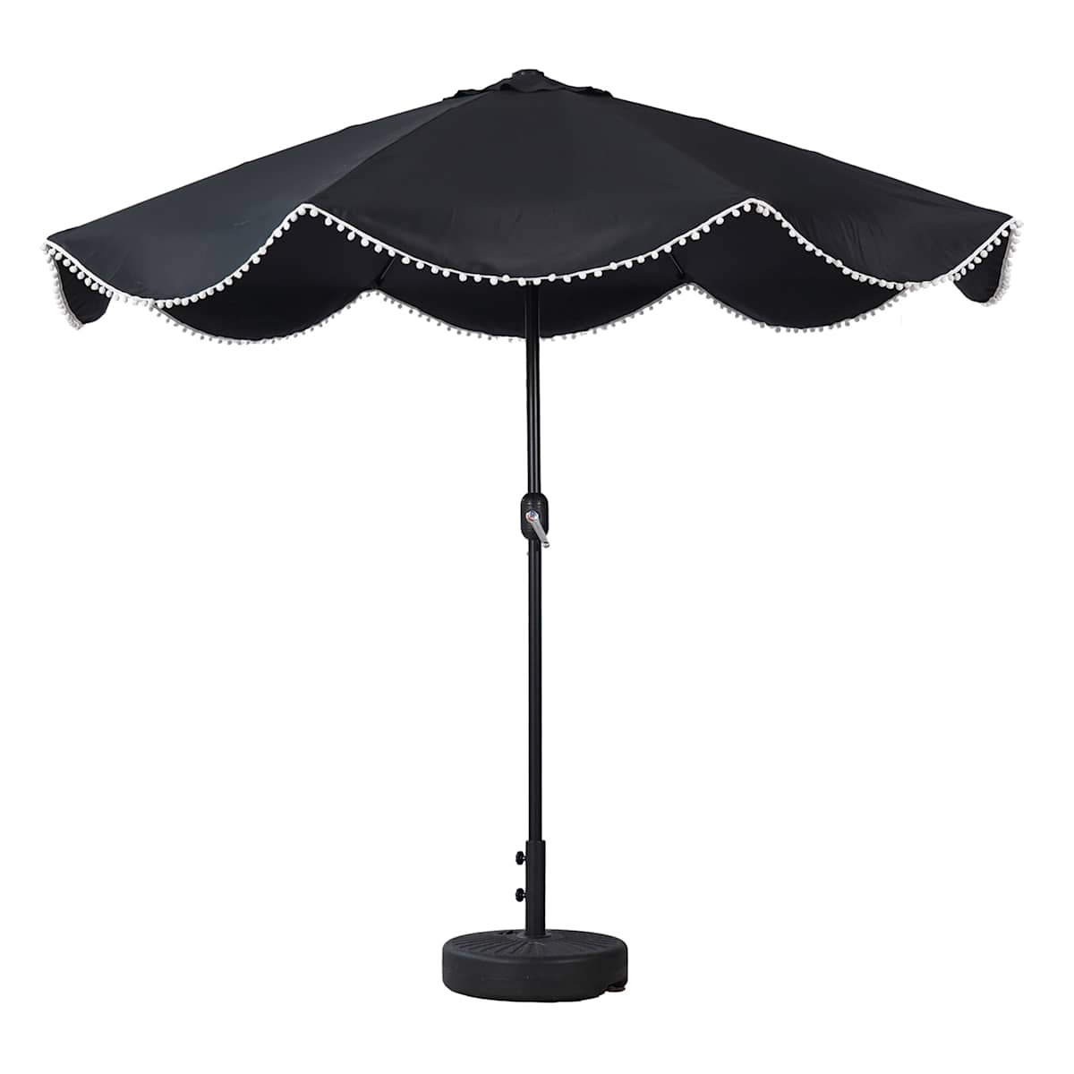 At Home Black Crank & Tilt Round Patio Umbrella With Pom-Pom Fringe 9'