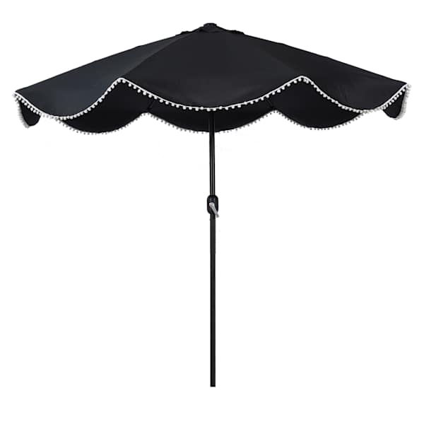 at home Black Crank & Tilt Round Patio Umbrella with Pom-Pom Fringe 9'