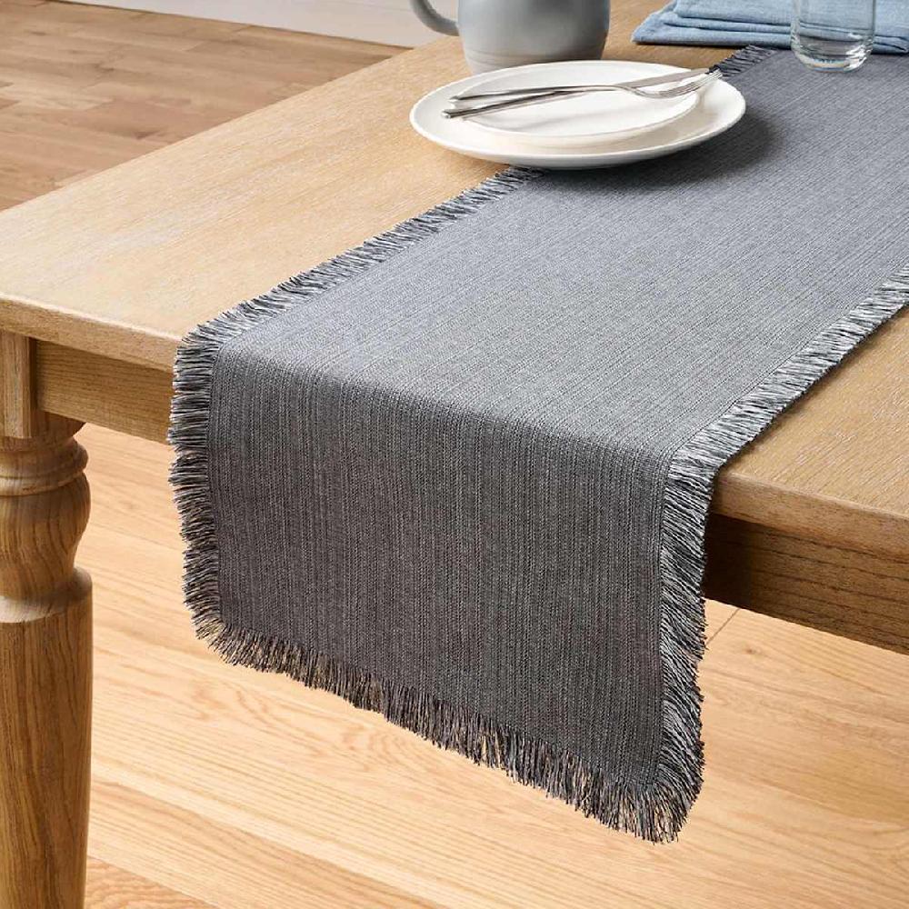 At Home Black & Grey Zara Table Runner With Fringe 72x14