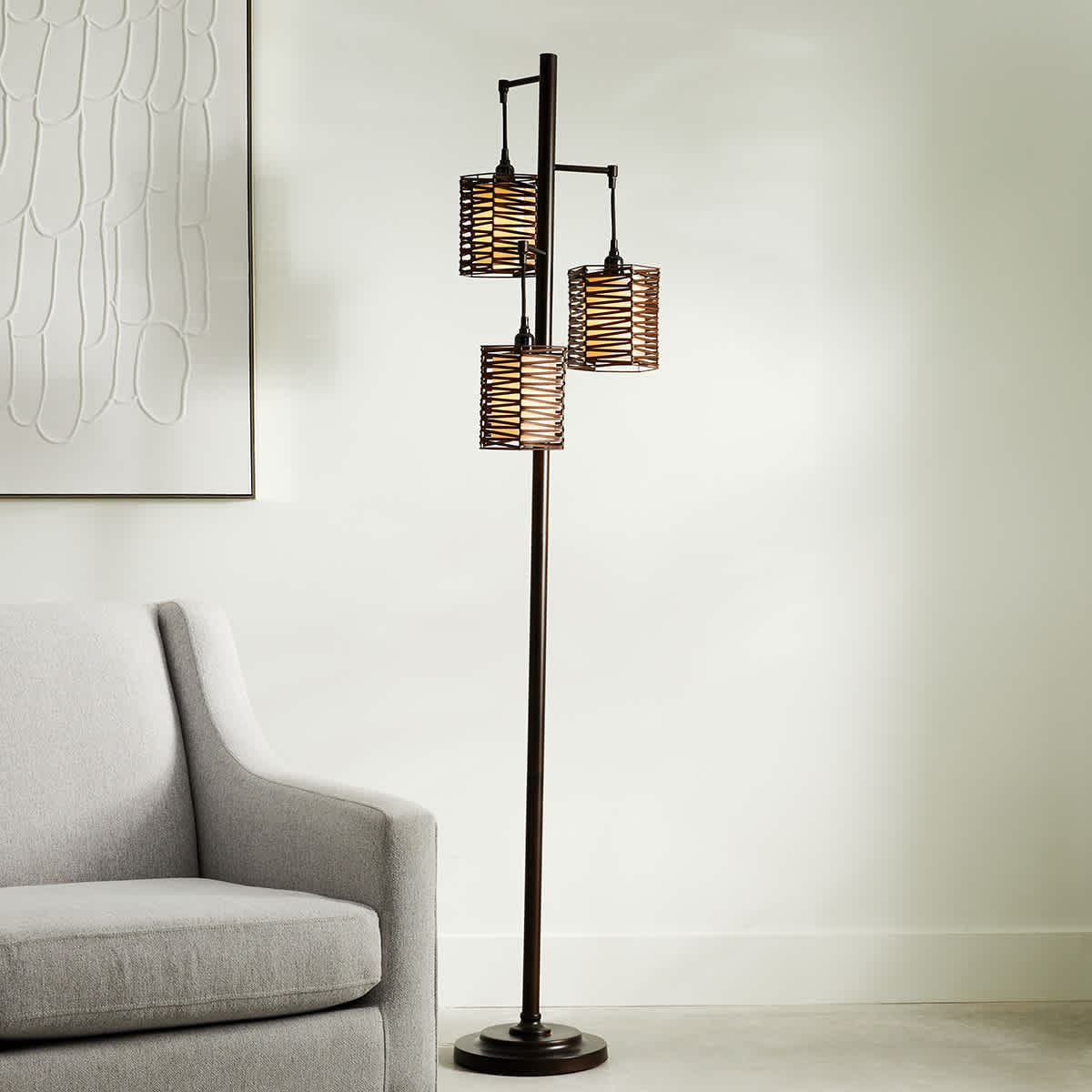 At Home Bronze 3-Light Floor Lamp With Rattan Shades 71"