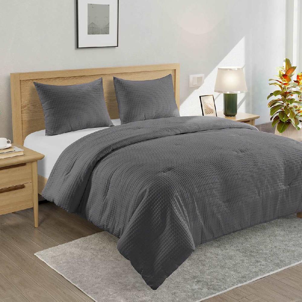 At Home Crosby St. 3-Piece Grey Washed Cotton Waffle Comforter Set Full/Queen