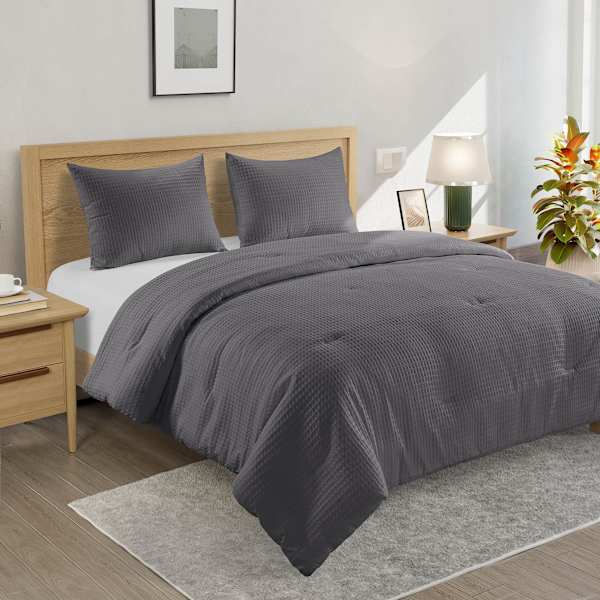 at home Crosby St. 3-Piece Grey Washed Cotton Waffle Comforter Set Full/Queen