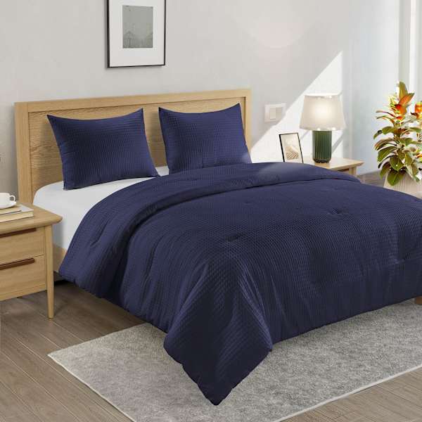 at home Crosby St. 3-Piece Navy Blue Washed Cotton Waffle Comforter Set Full/Queen