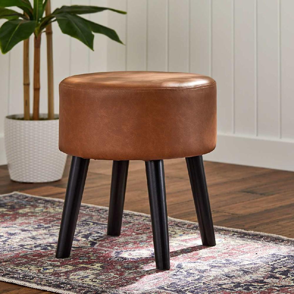 At Home Emmy Stool With Black Wooden Legs Cognac Faux Leather
