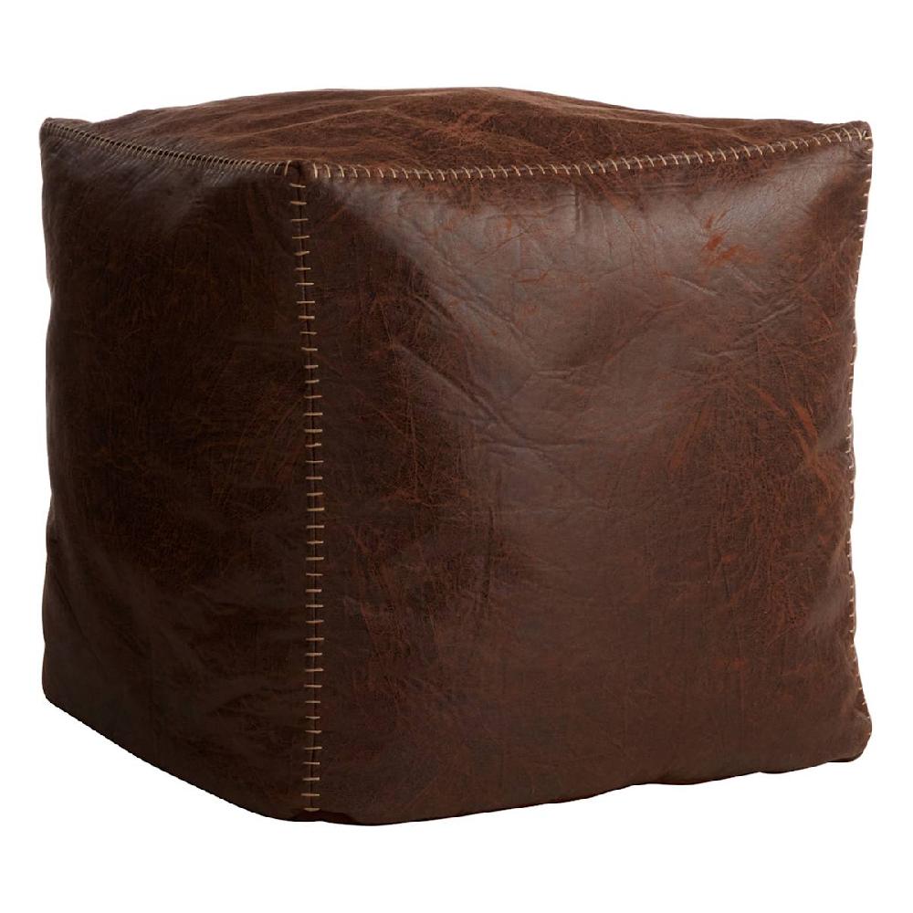 At Home Faux Leather Brown Pouf With Baseball Stitch