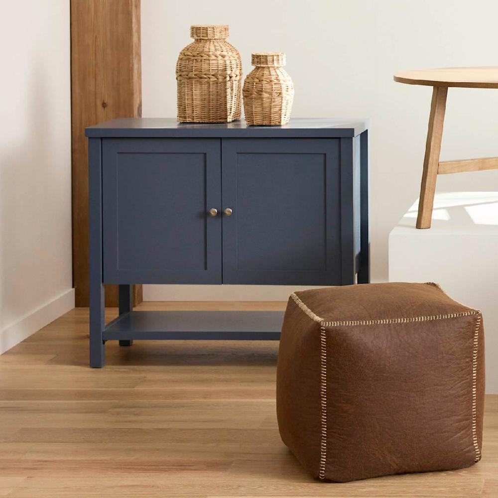 At Home Faux Leather Brown Pouf With Baseball Stitch