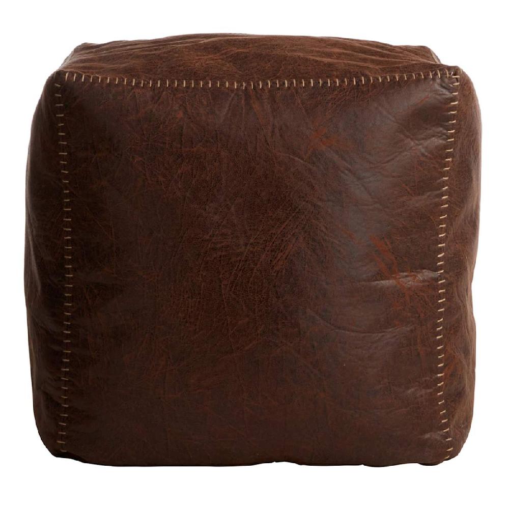 At Home Faux Leather Brown Pouf With Baseball Stitch