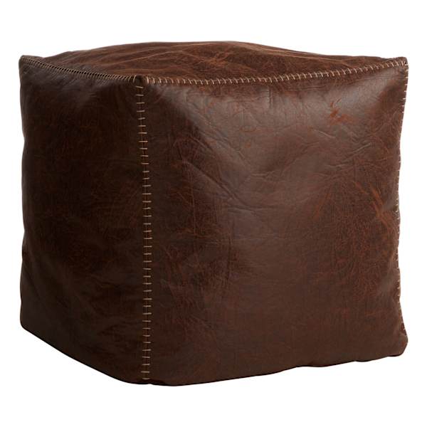 at home Faux Leather Brown Pouf with Baseball Stitch