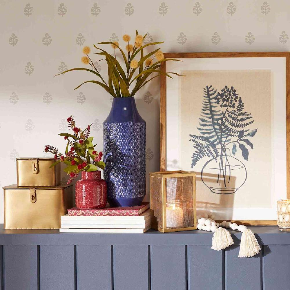 At Home Glass Framed Navy Blue Botanical Print Wall Art 19x25