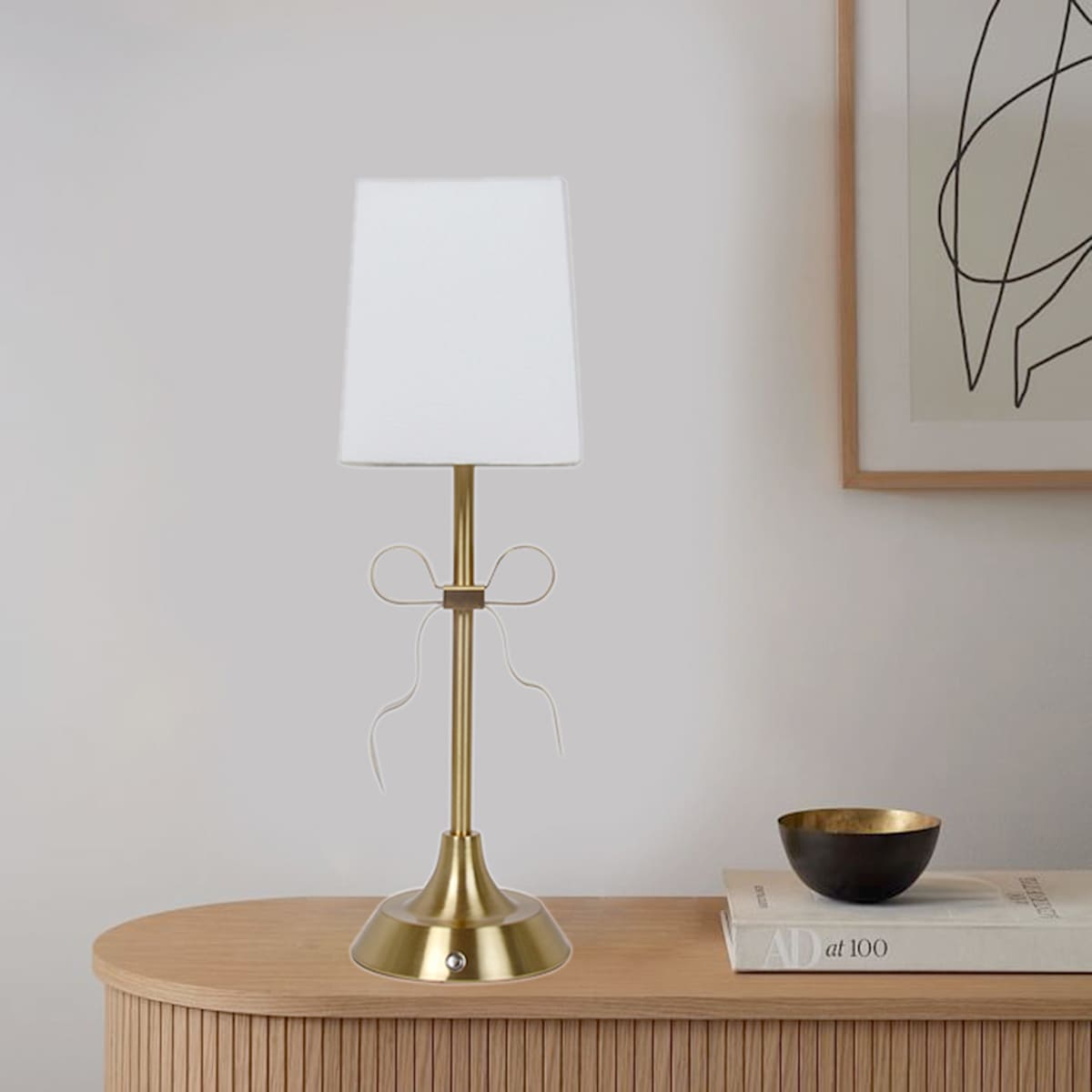 At Home Gold Portable Rechargeable Bow Small Lamp With Shade 15"