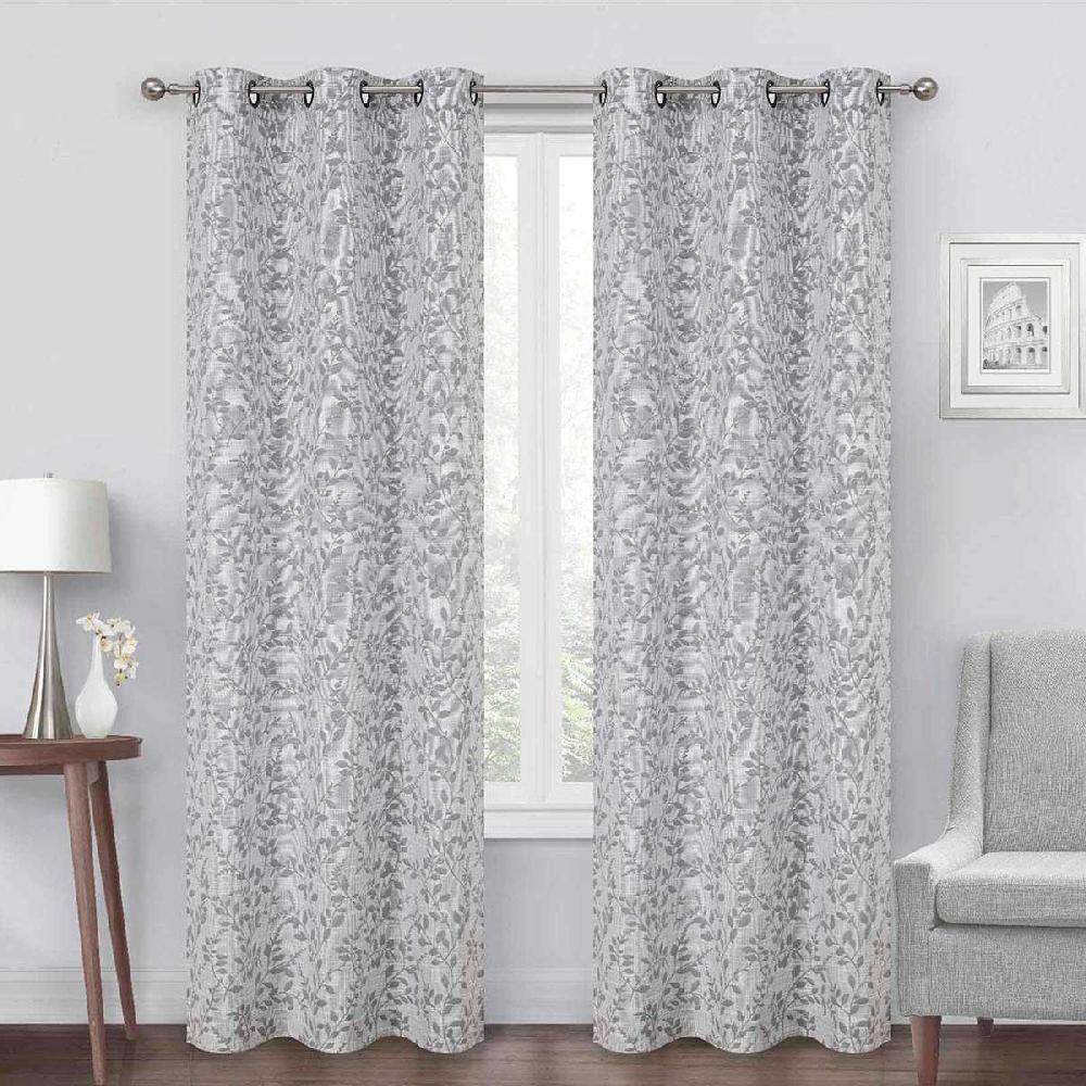 At Home Grey Celia Leaf Jacquard Light Filtering Grommet Curtain Panel 84"