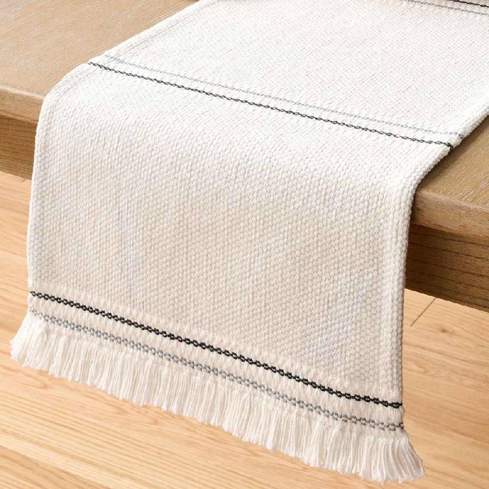 At Home Grey & White Woven Table Runner With White Fringe 72x14