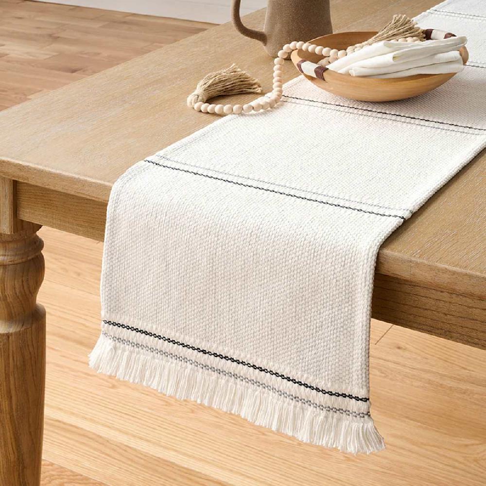 At Home Grey & White Woven Table Runner With White Fringe 72x14