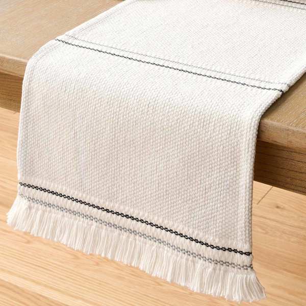 at home Grey & White Woven Table Runner with White Fringe 72x14
