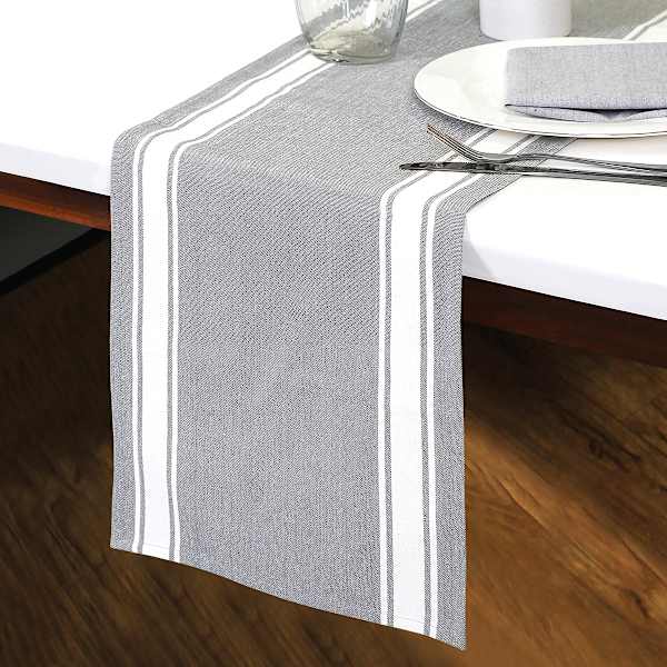 at home Grey with White Striped Boarder Table Runner 72x14
