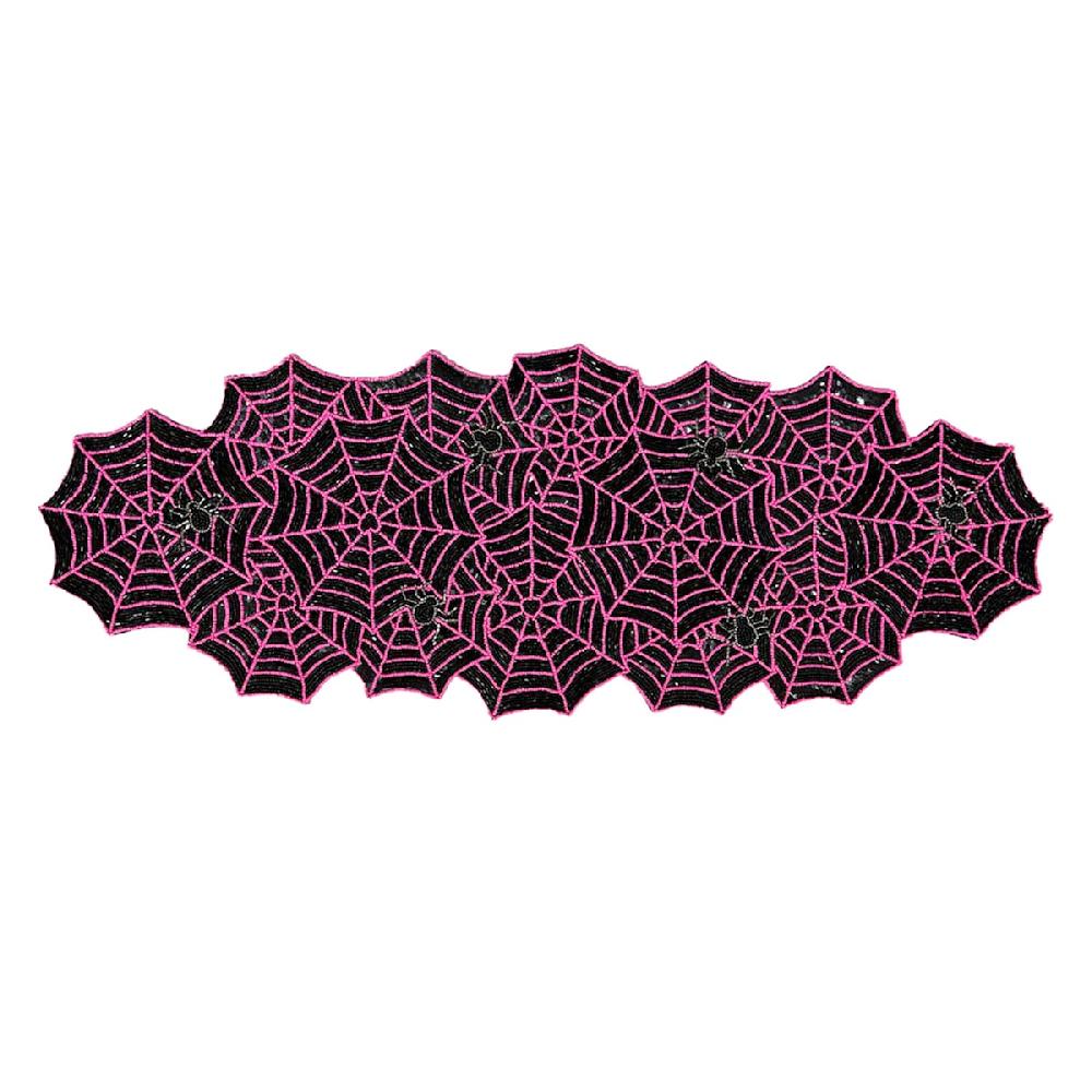 At Home Hey Boo Black & Pink Fully Beaded Spider Web Table Runner