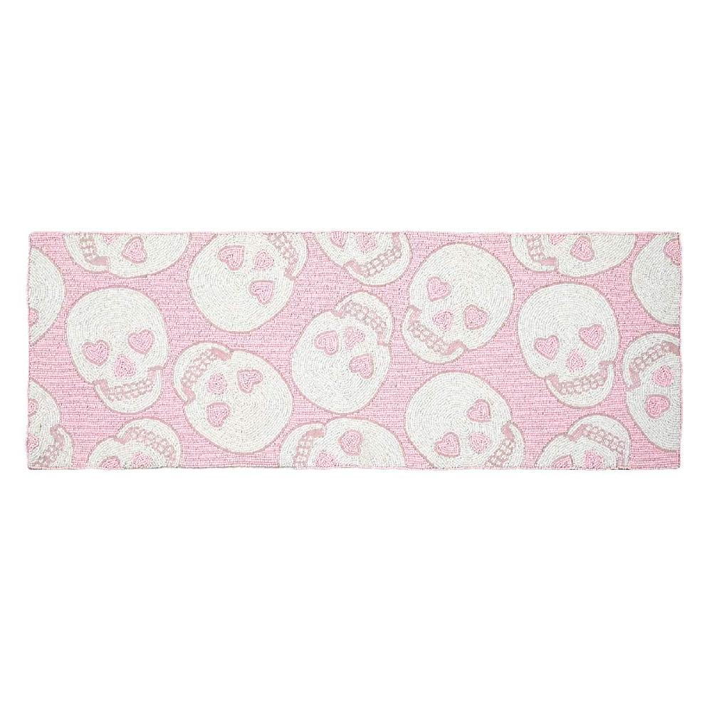 At Home Hey Boo Pink Fully Beaded Tossed Skull Table Runner 36"