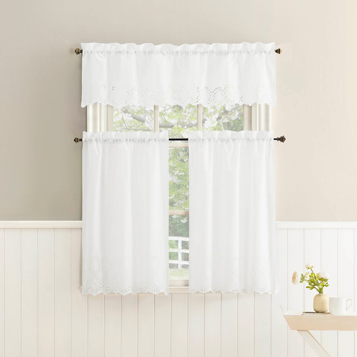 At Home Hilda White Small Tiered Window Curtian Panel 54x36